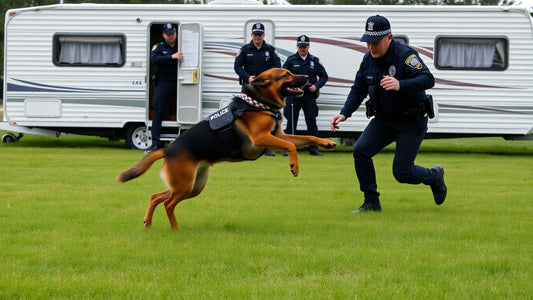 Police dog chasing a man near a caravan.