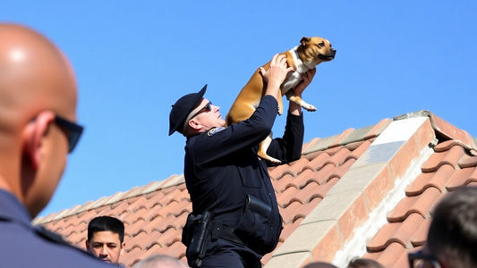Police officer rescues dog from rooftop.