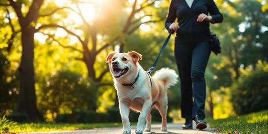 Happy dog trotting alongside a walker in a Sydney park.