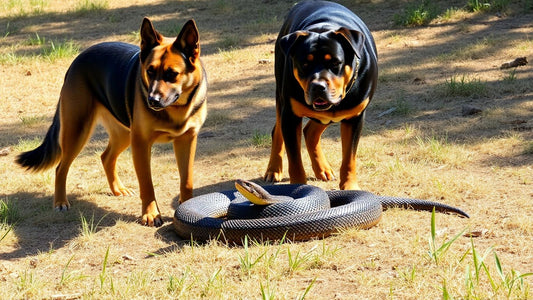 Dogs confronting a venomous snake on dry grass.