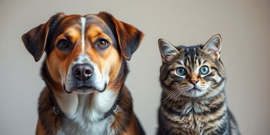 Dog and cat looking confused with question marks.
