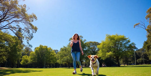 Happy dog being walked in a Sydney park.