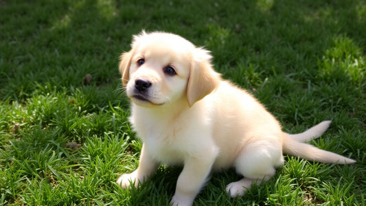 Puppy sitting on grass, looking happy and attentive.