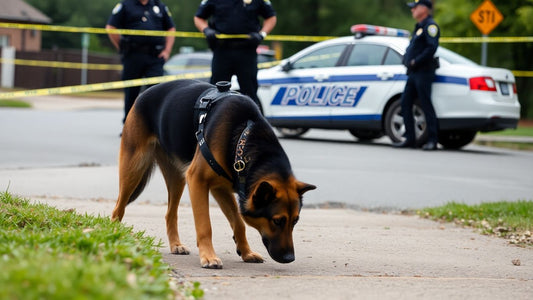 Police dog sniffing ground at a crime scene investigation.