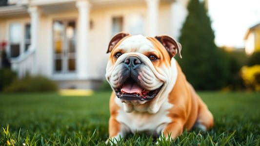 Happy English Bulldog enjoying its home.