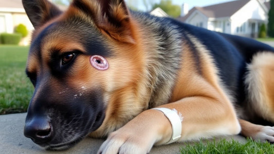 Injured German Shepherd recovering after dog attack.