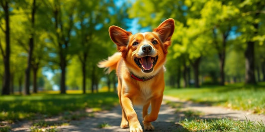 Happy dog on a leash in a park