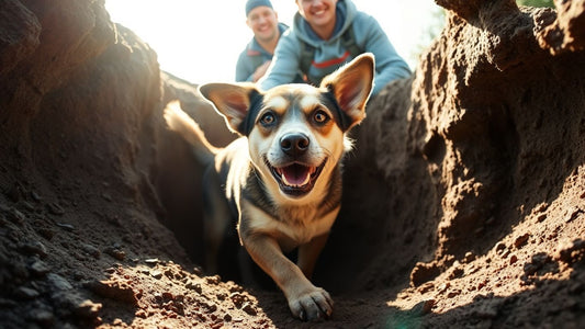 Dog emerges from underground lair after rescue.
