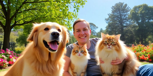 Happy dog and cat with owner in Potts Point park.