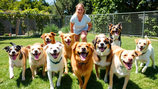 Dogs of different breeds playing outside with a carer
