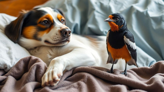 Dog Peggy recovering, magpie Molly by her side.