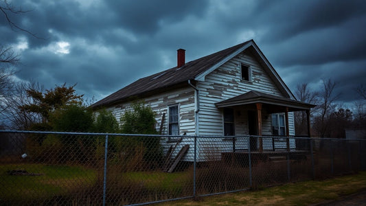 Dilapidated house with overgrown yard and gloomy sky.