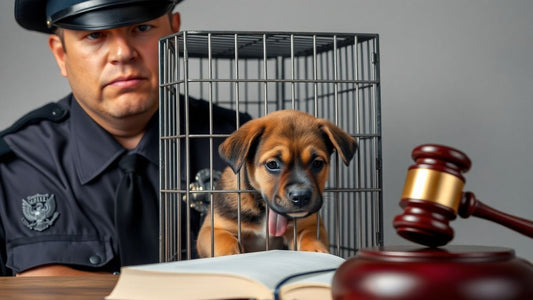 Puppy in cage with police officer and gavel.