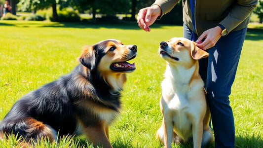 Dog training session in a park with a trainer.