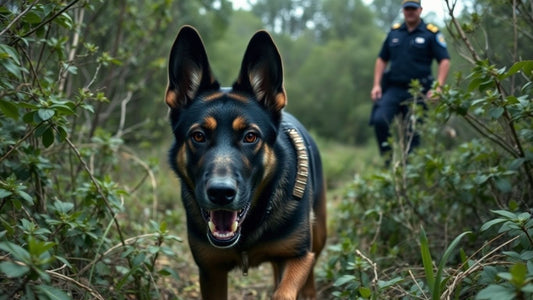 Police dog emerging from bushland after pursuit.