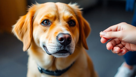 Dog receiving a treat from a trainer's hand