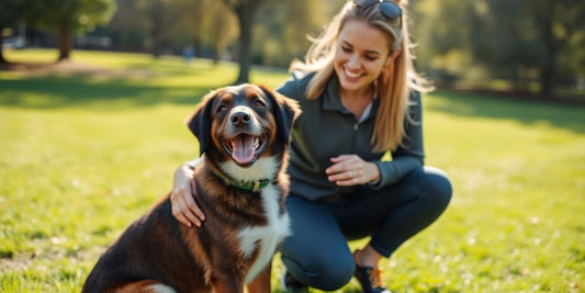 Happy dog sitting attentively next to trainer in Mosman.