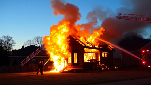 House fire with smoke and flames, firefighters battling blaze.