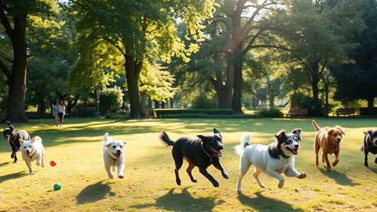 Dogs playing in a sunny park.