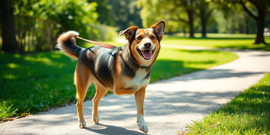 Happy dog walking with owner in Australian park.