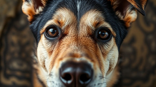 Dog's eyes near ancient wolf cave painting.