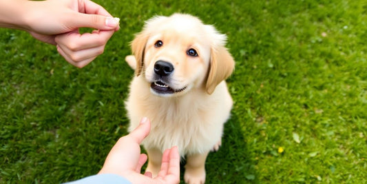Puppy receiving treat on grass