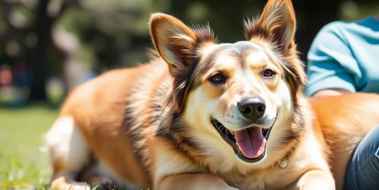 Calm dog near owner in Sydney park.