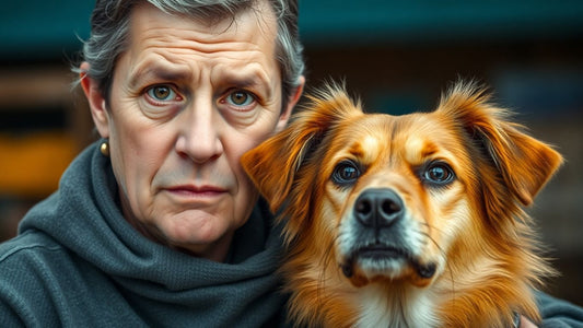 Dog owner and dog looking concerned.