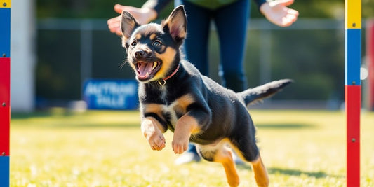 Puppy leaping through agility hoop with trainer.