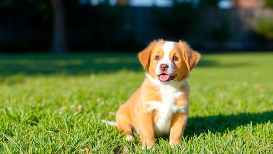 Aussie puppy sitting on grass looking up.