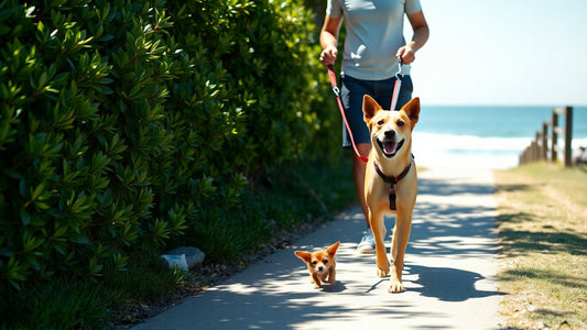 Dog walking with owner on Bronte beach path