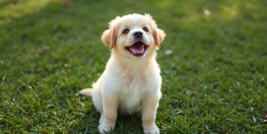 Happy puppy learning commands outdoors with trainer