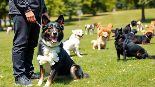 Dog with trainer in Australian park during training