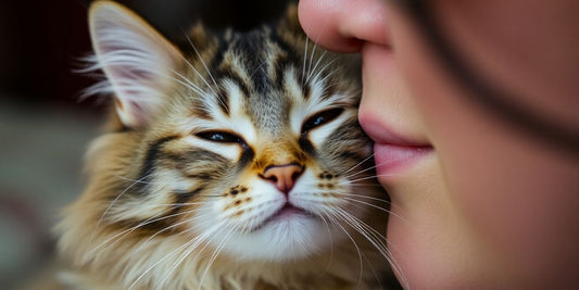Cat nuzzling owner's face with eyes closed.