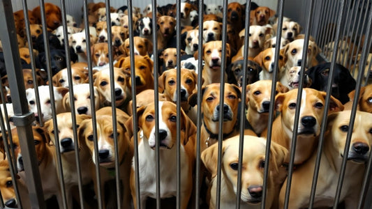 Dogs crowded in shelter kennels, looking for homes.