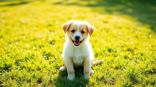 Puppy sitting on grass, looking happy and attentive.