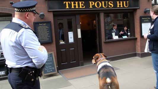 Police officer and person with assistance dog outside pub.