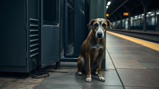 Greyhound beside locked bike locker at Penrith Station.