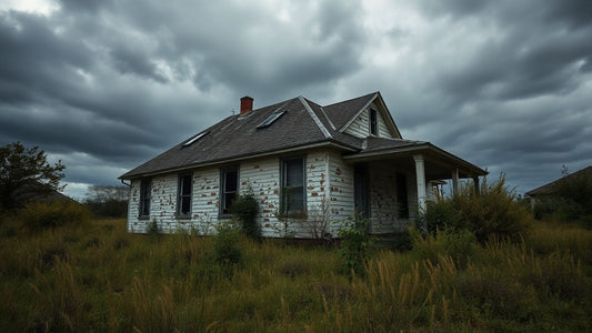 Dilapidated house with overgrown weeds and peeling paint.