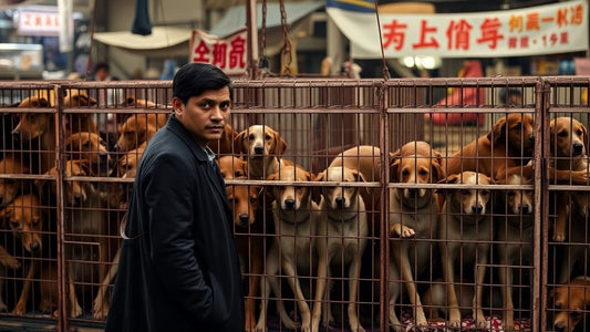 Dogs in cages at a market.