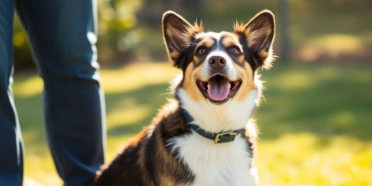 Dog doing a successful trick with owner.