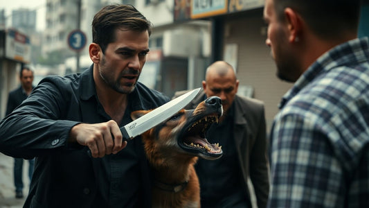 Man with knife, aggressive dog, employer confrontation.