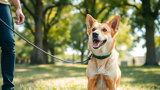 Dog and owner training in a sunny park.