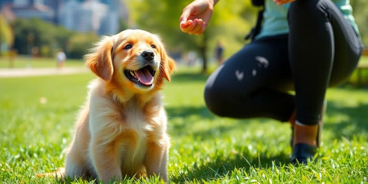 Happy puppy training with owner in Sydney park.
