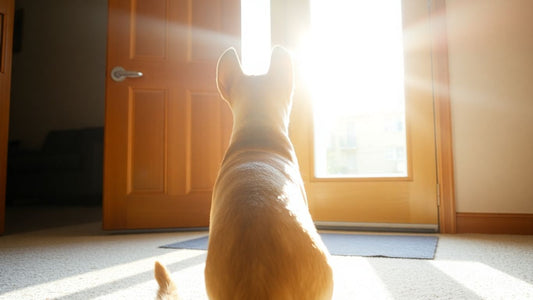 Calm dog by apartment door, sunlight streaming in.