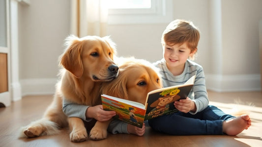 Child reads book to happy dog
