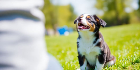 Happy border collie puppy sits attentively with trainer.