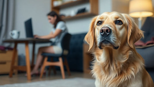 Dog looking up, person working from home blurred background.
