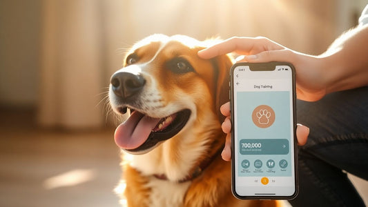 Dog and owner using a smartphone for training.