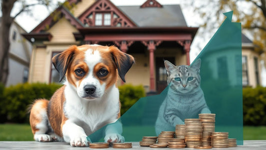 Pets looking concerned near money, Victorian house background.